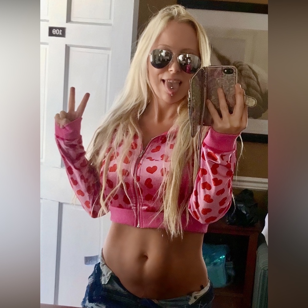 Dolls Kill Pink Heart-Print Cropped Zip Hoodie